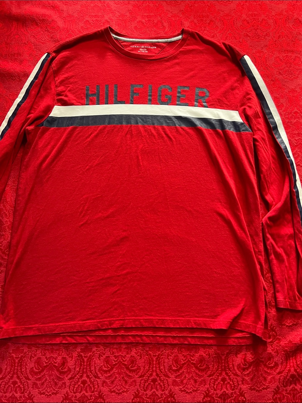 Tommy Hilfiger Men’s XL Red Logo Long Sleeve Shirt Flag Stripe 100% Cotton